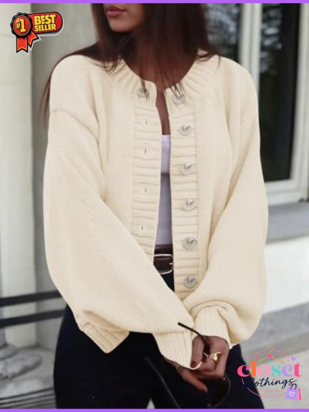 Chunky Ribbed Knit Button Up Cardigan Sweater Loose Fit Lantern Sleeve - Picture 2 of 6